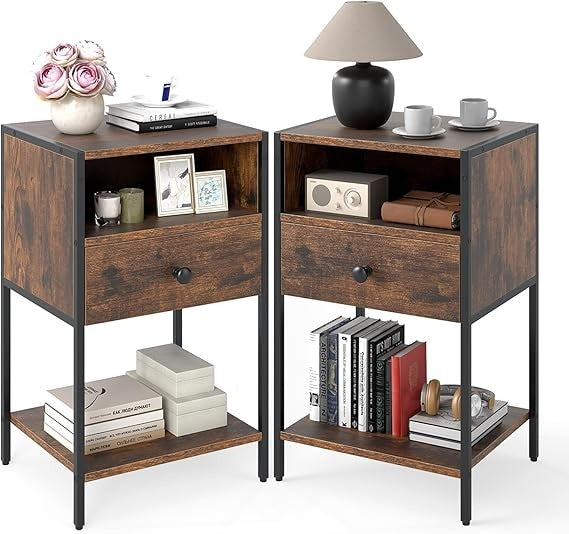 Industrial Bedside Tables Set of 2 Modern Wood & Metal Nightstands Storage - Kwikley
