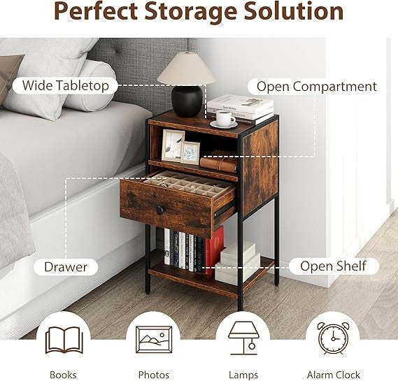 Industrial Bedside Tables Set of 2 Modern Wood & Metal Nightstands Storage - Kwikley