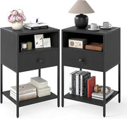 Industrial Black Bedside Tables Set of 2 with Drawer & Shelf Metal Frame - Kwikley