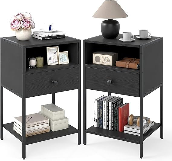 Industrial Black Bedside Tables Set of 2 with Drawer & Shelf Metal Frame - Kwikley