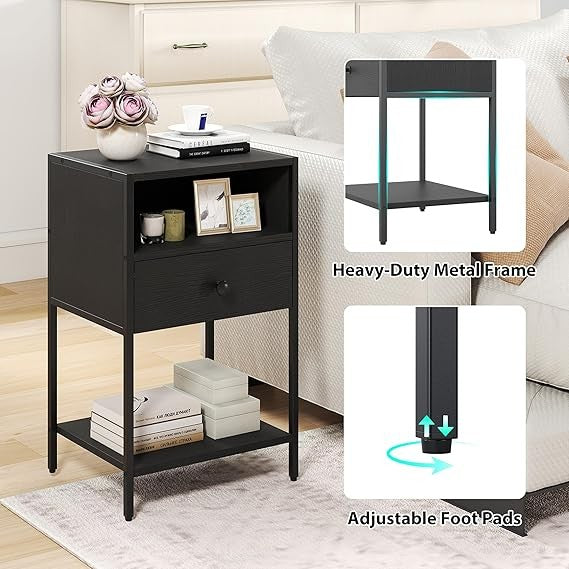 Industrial Black Bedside Tables Set of 2 with Drawer & Shelf Metal Frame - Kwikley