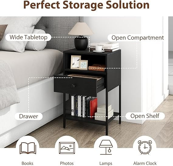 Industrial Black Bedside Tables Set of 2 with Drawer & Shelf Metal Frame - Kwikley