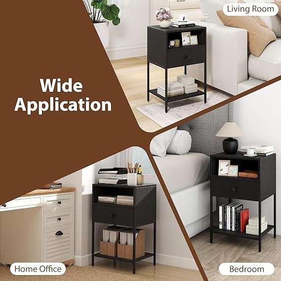 Industrial Black Bedside Tables Set of 2 with Drawer & Shelf Metal Frame - Kwikley