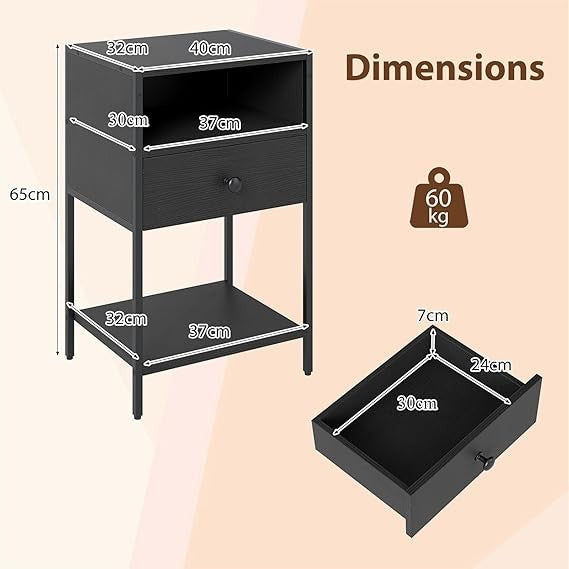 Industrial Black Bedside Tables Set of 2 with Drawer & Shelf Metal Frame - Kwikley