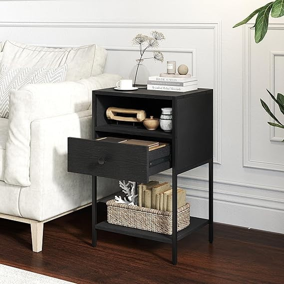 Industrial Black Bedside Tables Set of 2 with Drawer & Shelf Metal Frame - Kwikley