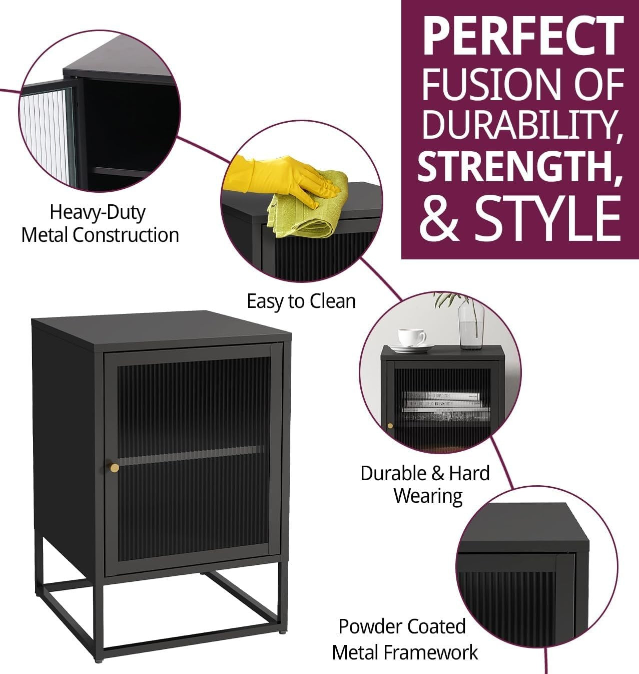 Industrial Black Metal Bedside Table with Glass Door – Modern Side Cabinet - Kwikley