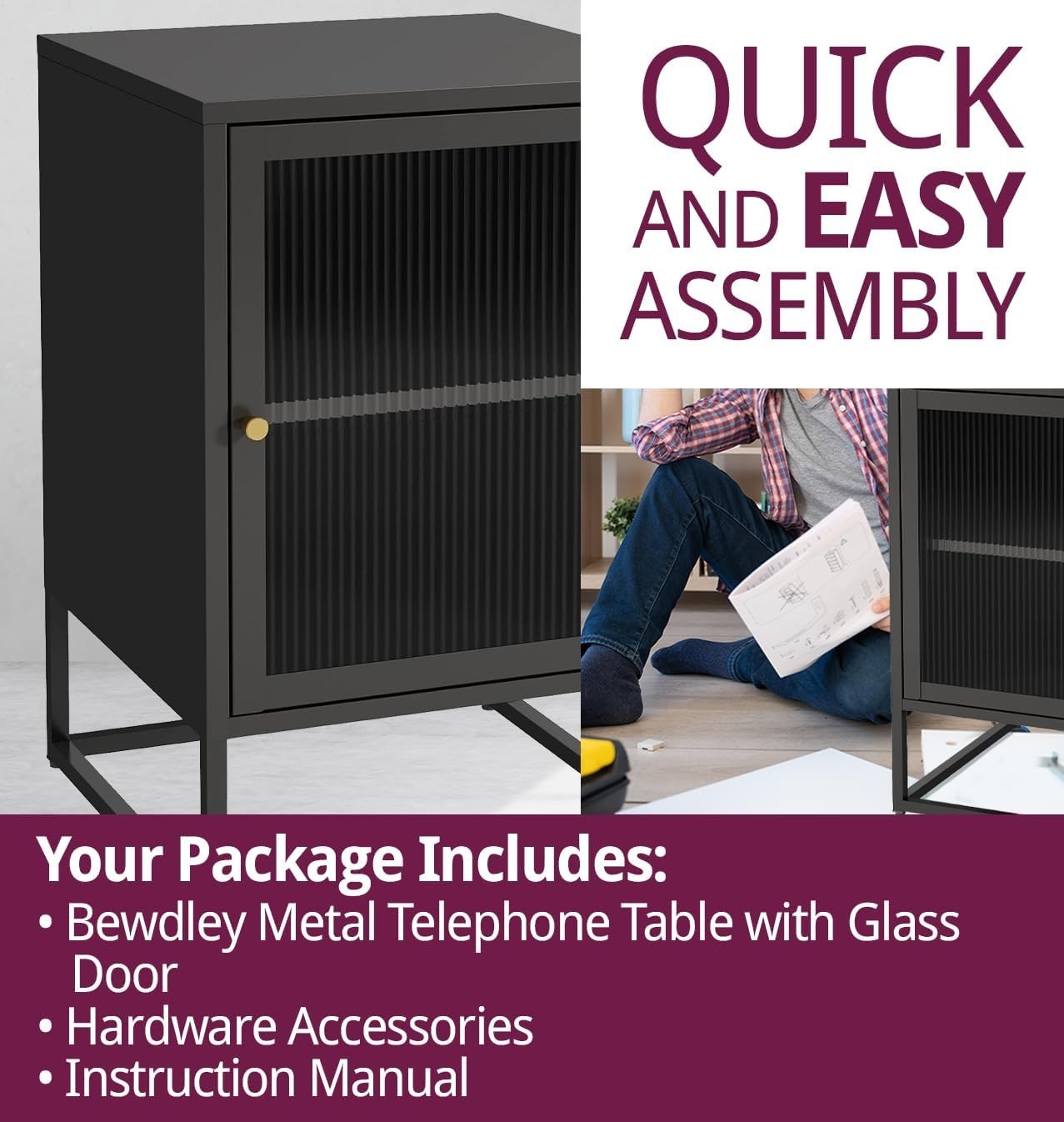 Industrial Black Metal Bedside Table with Glass Door – Modern Side Cabinet - Kwikley