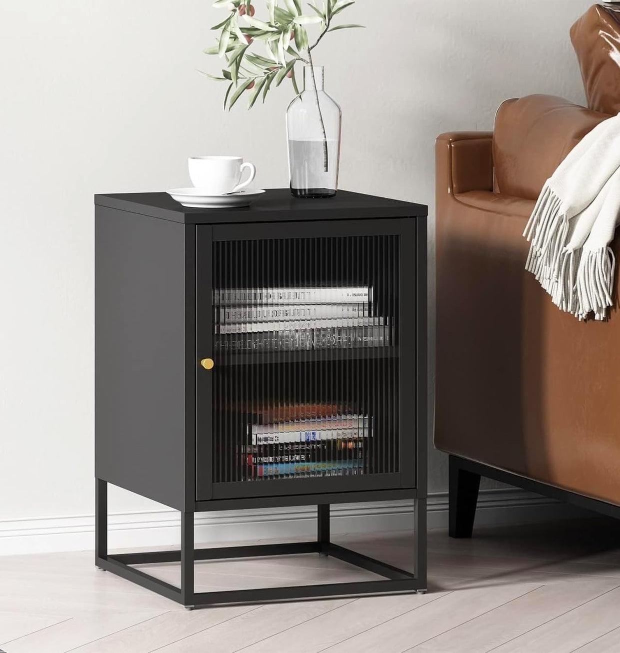 Industrial Black Metal Bedside Table with Glass Door – Modern Side Cabinet - Kwikley