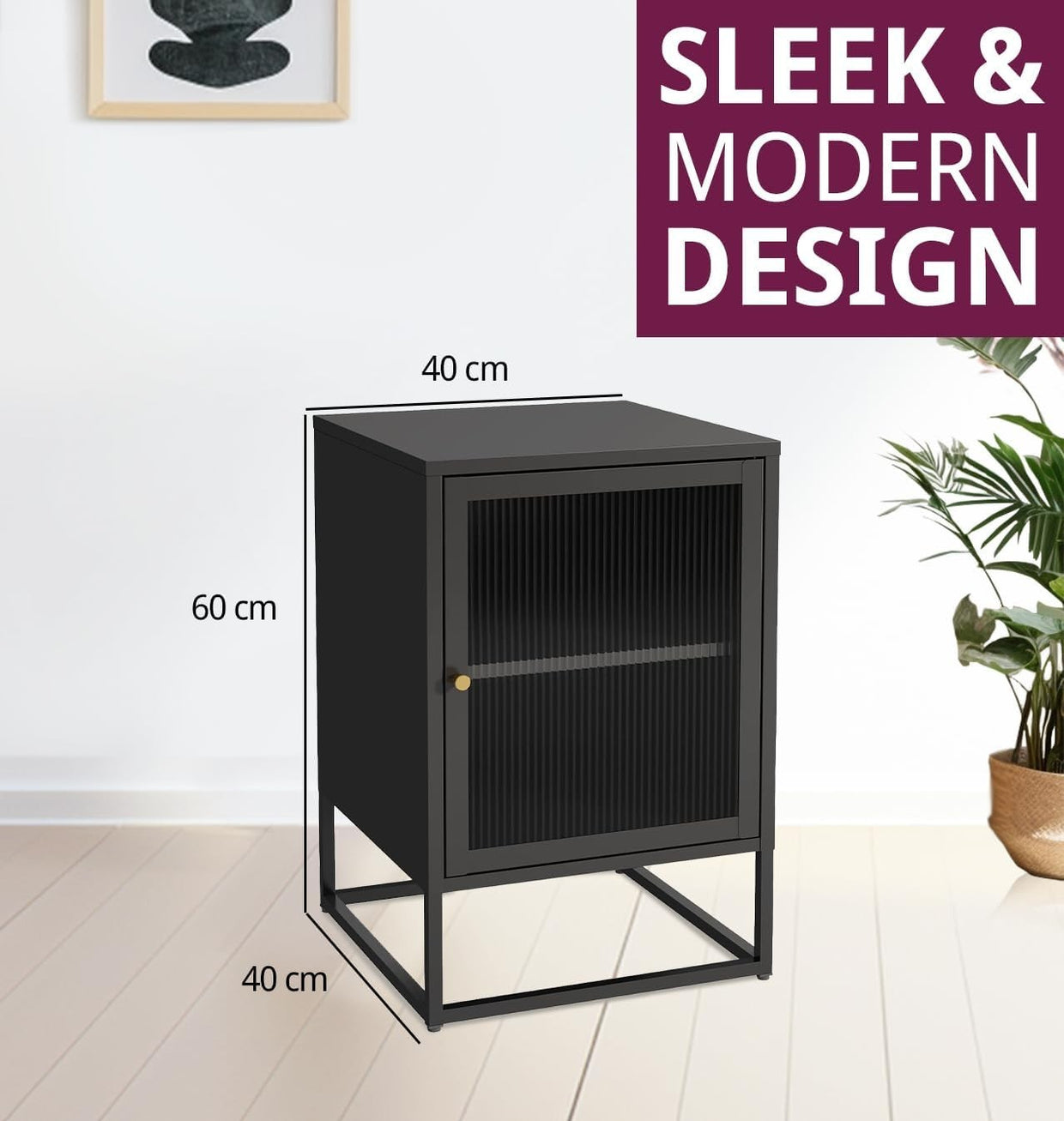 Industrial Black Metal Bedside Table with Glass Door – Modern Side Cabinet - Kwikley