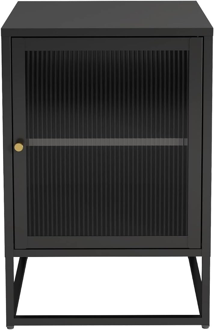 Industrial Black Metal Bedside Table with Glass Door – Modern Side Cabinet - Kwikley