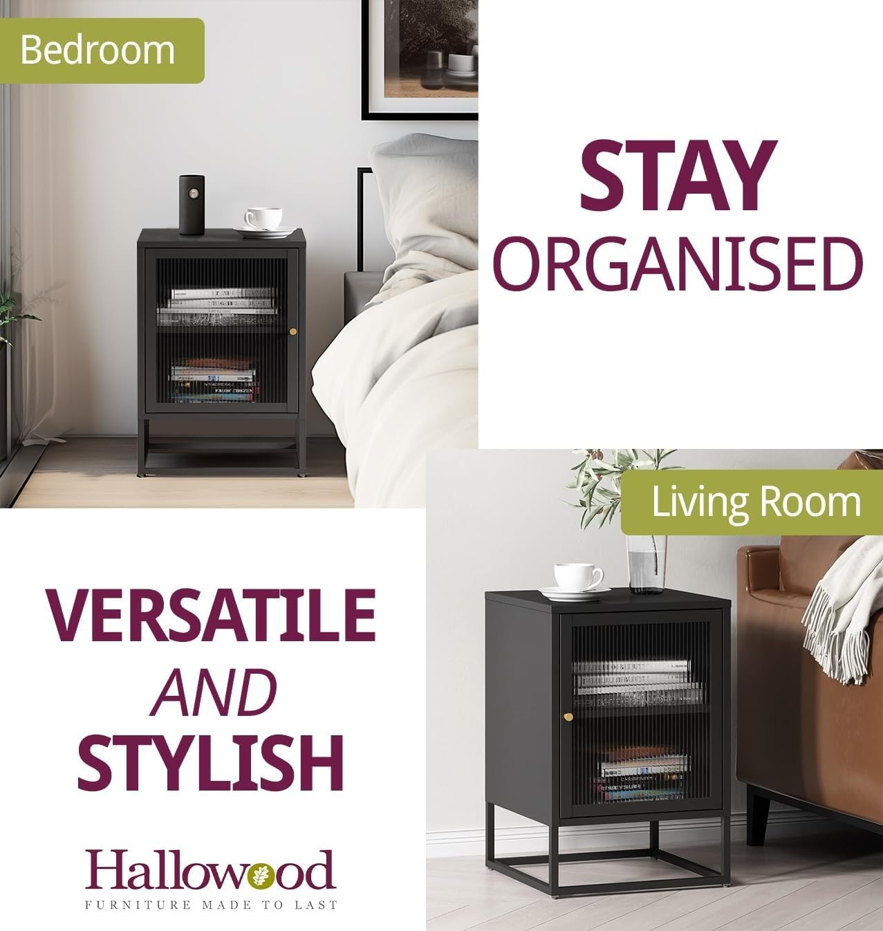 Industrial Black Metal Bedside Table with Glass Door – Modern Side Cabinet - Kwikley