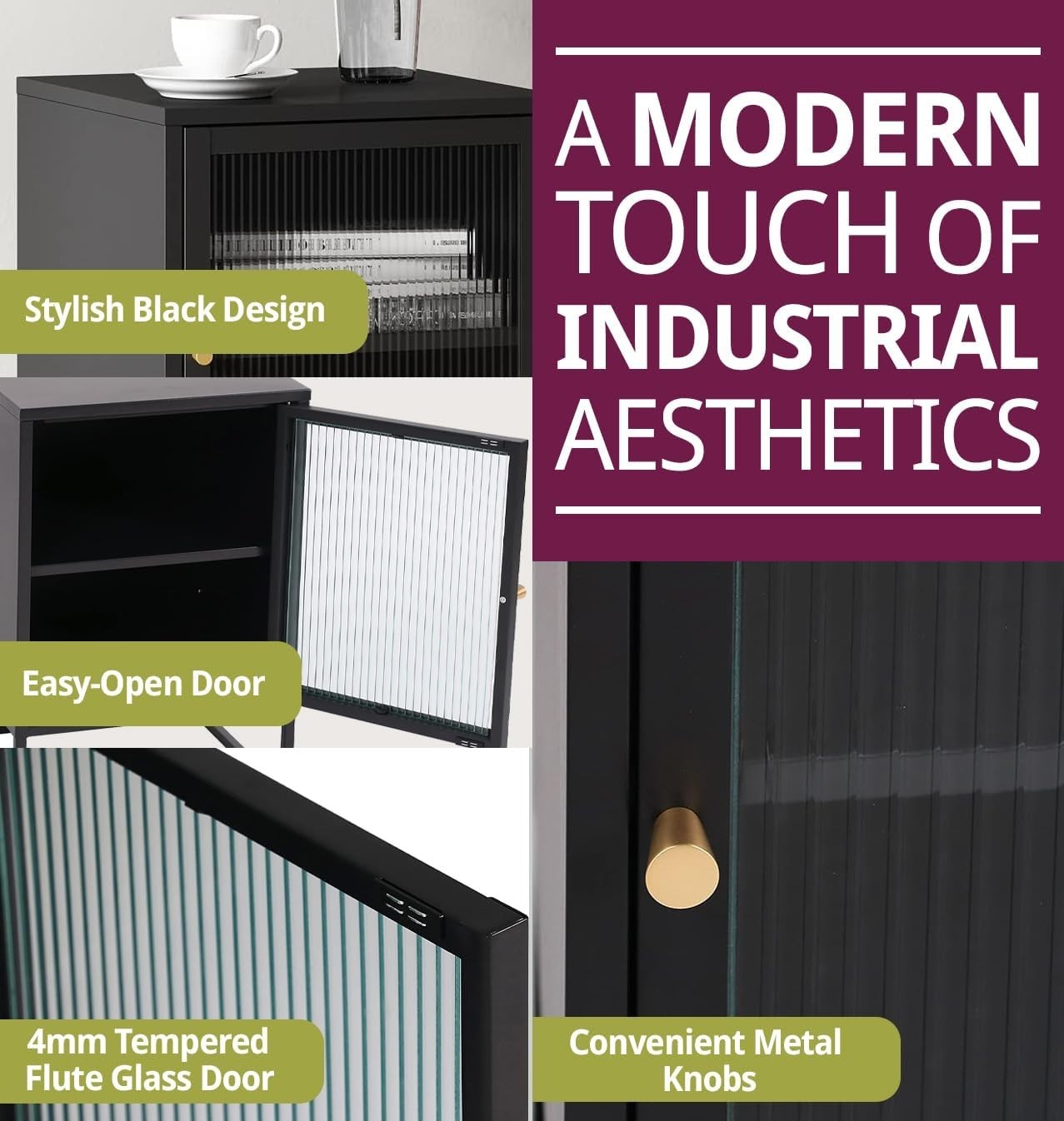 Industrial Black Metal Bedside Table with Glass Door – Modern Side Cabinet - Kwikley