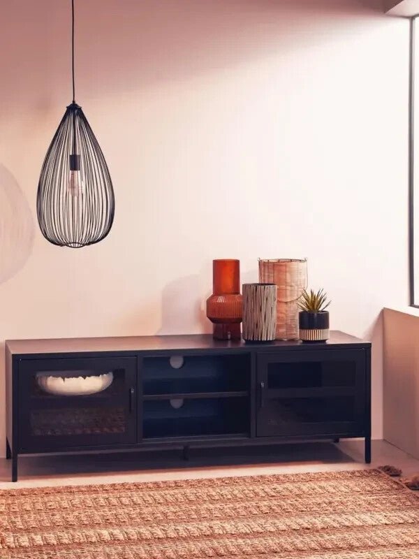 Industrial Black Metal TV Stand – Glass Doors Media Console Cabinet Unit - Kwikley