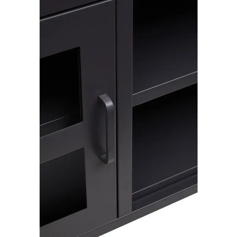 Industrial Black Metal TV Stand – Glass Doors Media Console Cabinet Unit - Kwikley