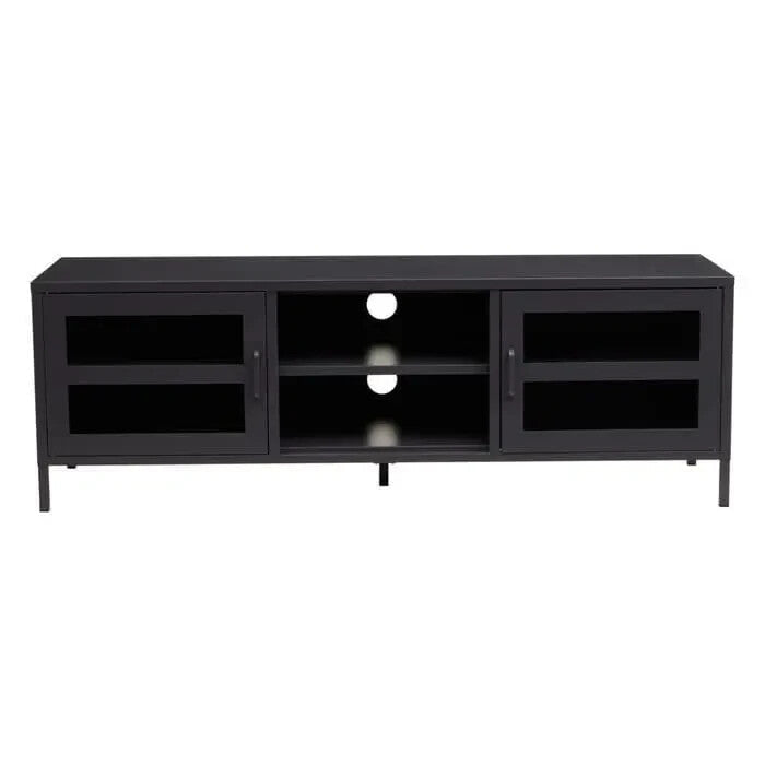 Industrial Black Metal TV Stand – Glass Doors Media Console Cabinet Unit - Kwikley