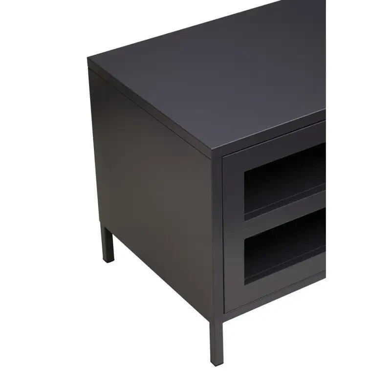 Industrial Black Metal TV Stand – Glass Doors Media Console Cabinet Unit - Kwikley
