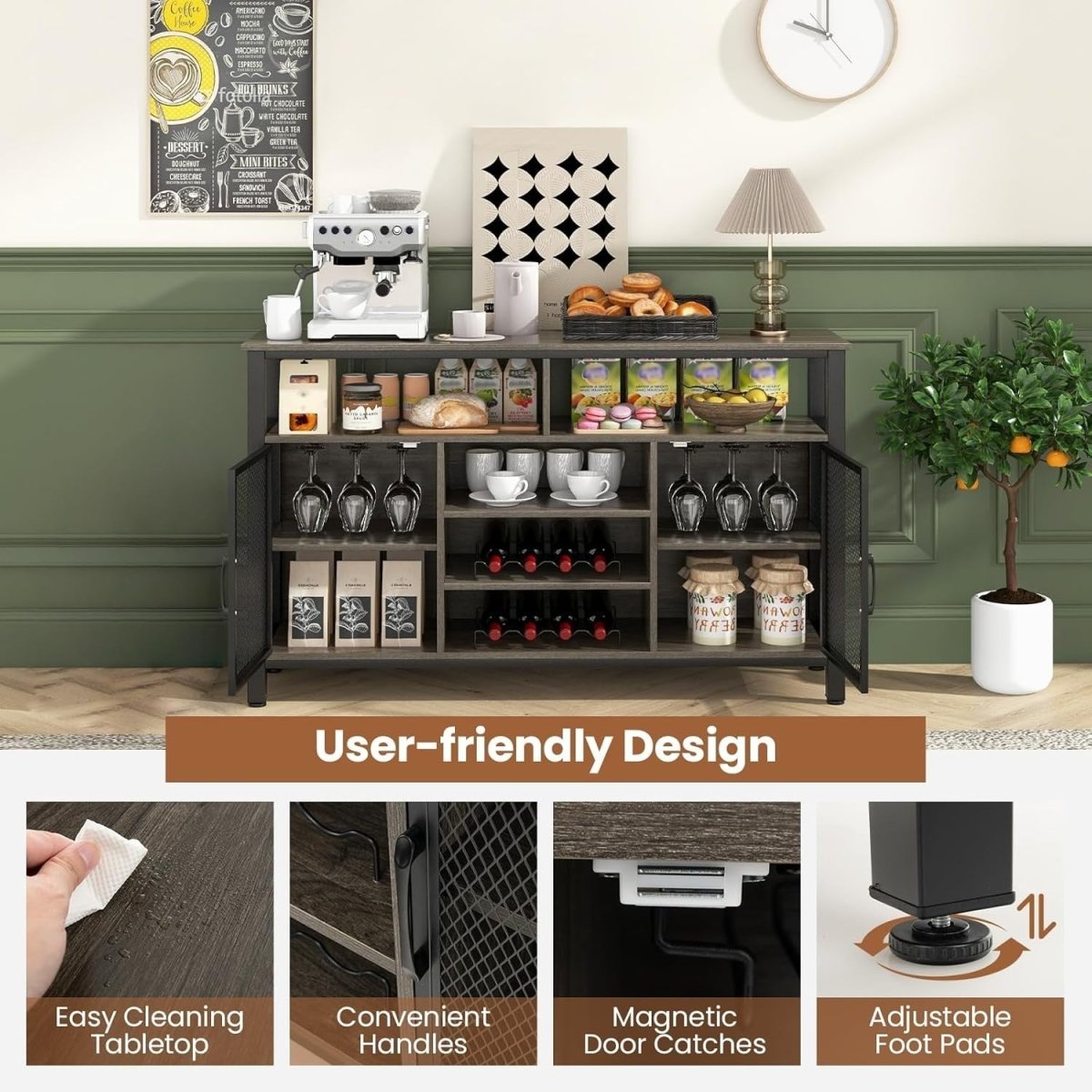 Industrial Buffet Sideboard with Wine Rack, Glass Holders & Storage Shelves - Kwikley