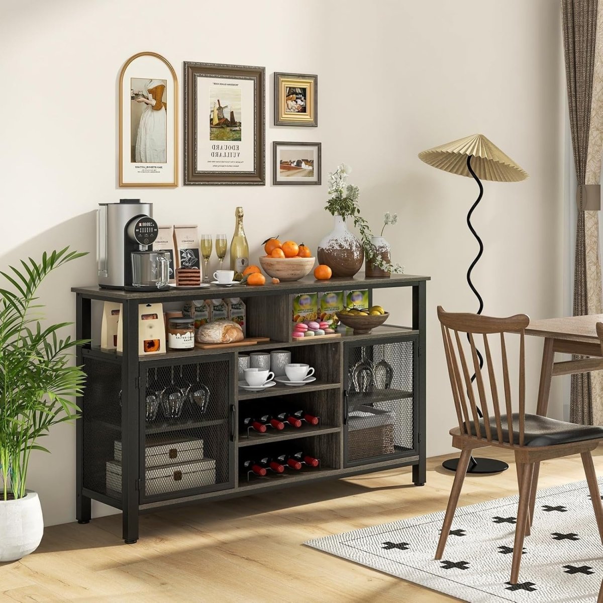 Industrial Buffet Sideboard with Wine Rack, Glass Holders & Storage Shelves - Kwikley