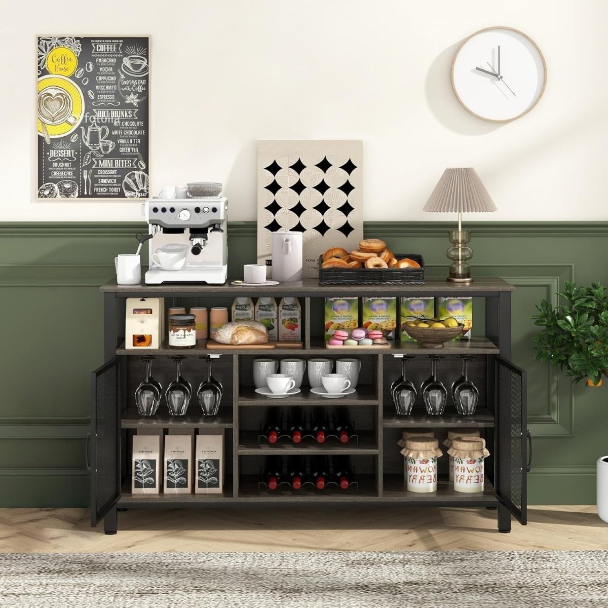 Industrial Buffet Sideboard with Wine Rack, Glass Holders & Storage Shelves - Kwikley