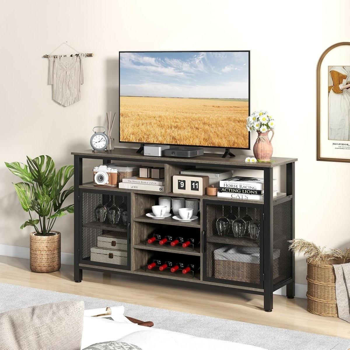 Industrial Buffet Sideboard with Wine Rack, Glass Holders & Storage Shelves - Kwikley