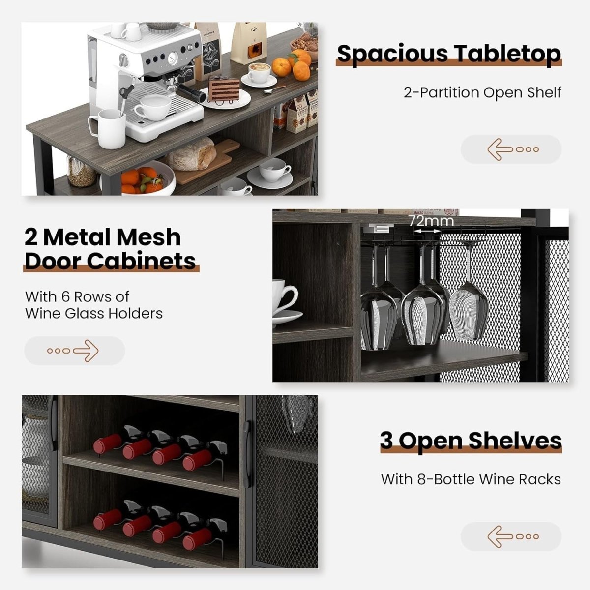 Industrial Buffet Sideboard with Wine Rack, Glass Holders & Storage Shelves - Kwikley