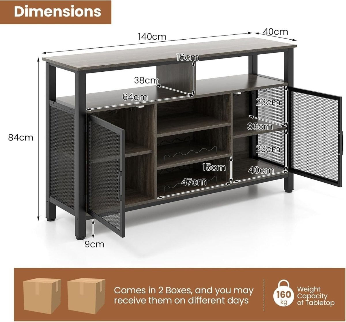 Industrial Buffet Sideboard with Wine Rack, Glass Holders & Storage Shelves - Kwikley