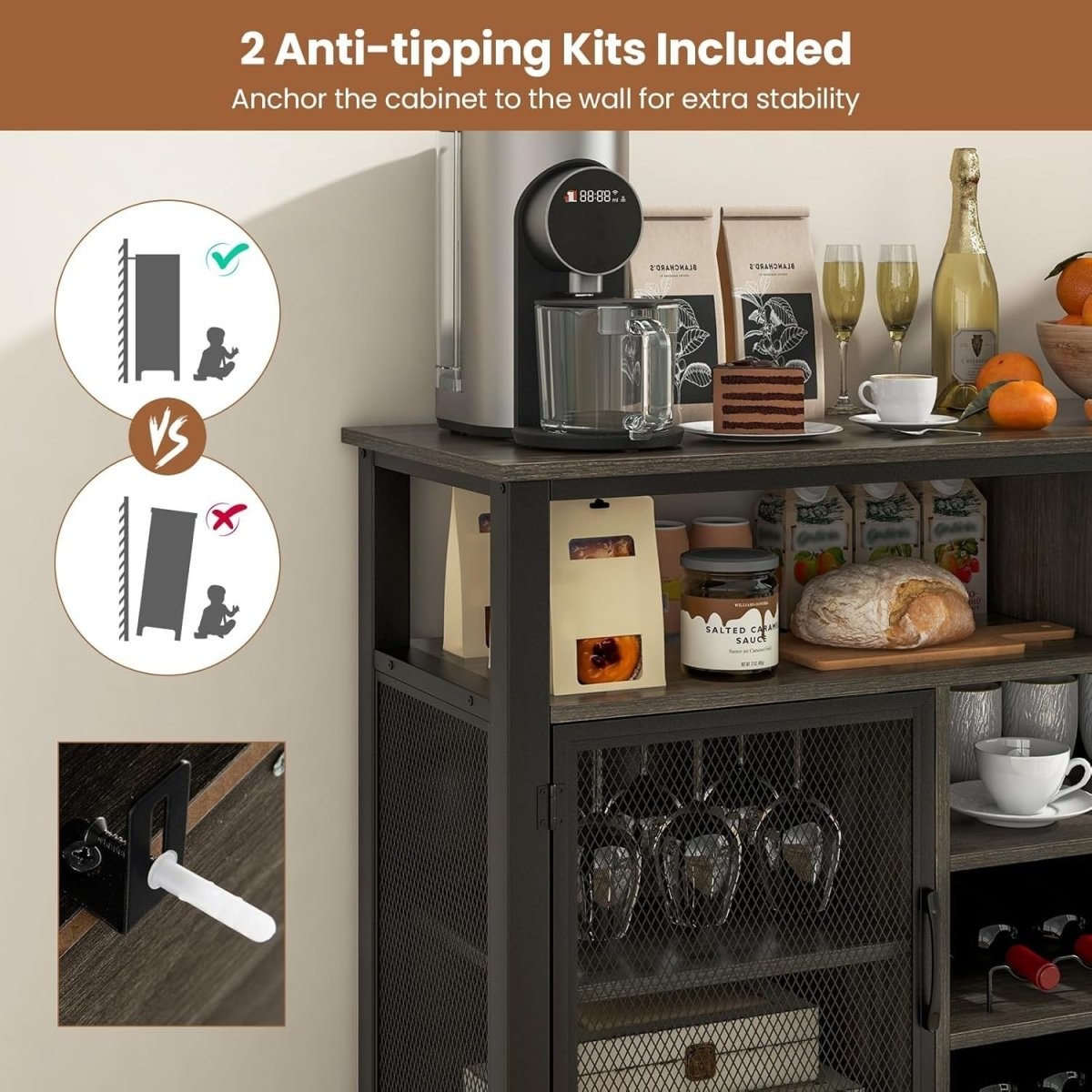 Industrial Buffet Sideboard with Wine Rack, Glass Holders & Storage Shelves - Kwikley