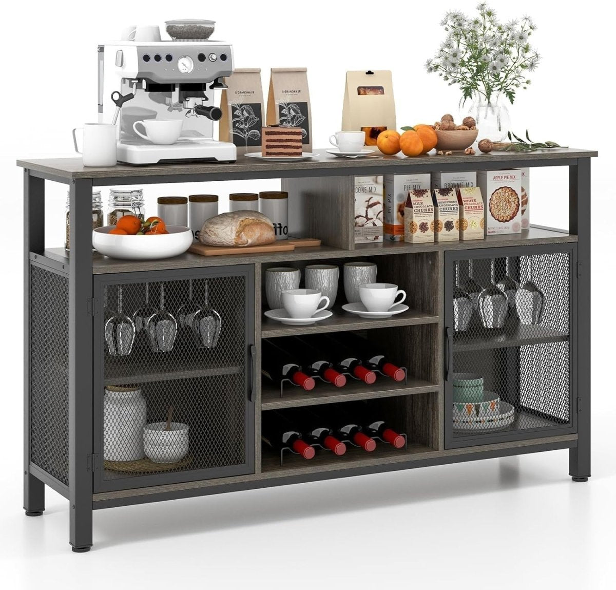 Industrial Buffet Sideboard with Wine Rack, Glass Holders & Storage Shelves - Kwikley