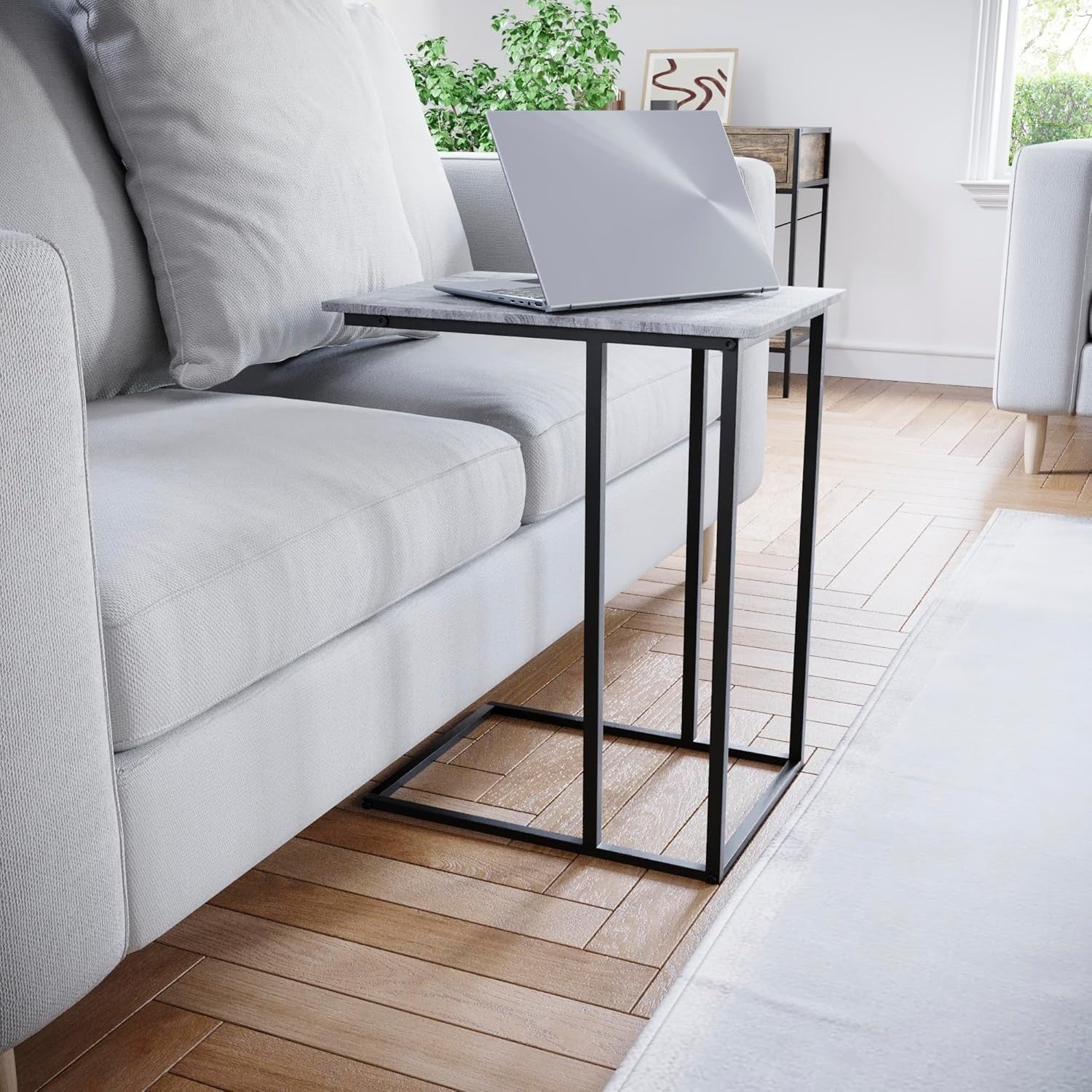 Industrial C Shape Side Table with Metal Frame Grey – 35×48×60cm - Kwikley