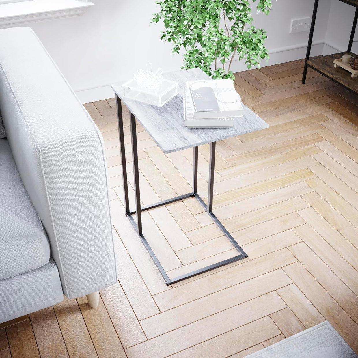 Industrial C Shape Side Table with Metal Frame Grey – 35×48×60cm - Kwikley
