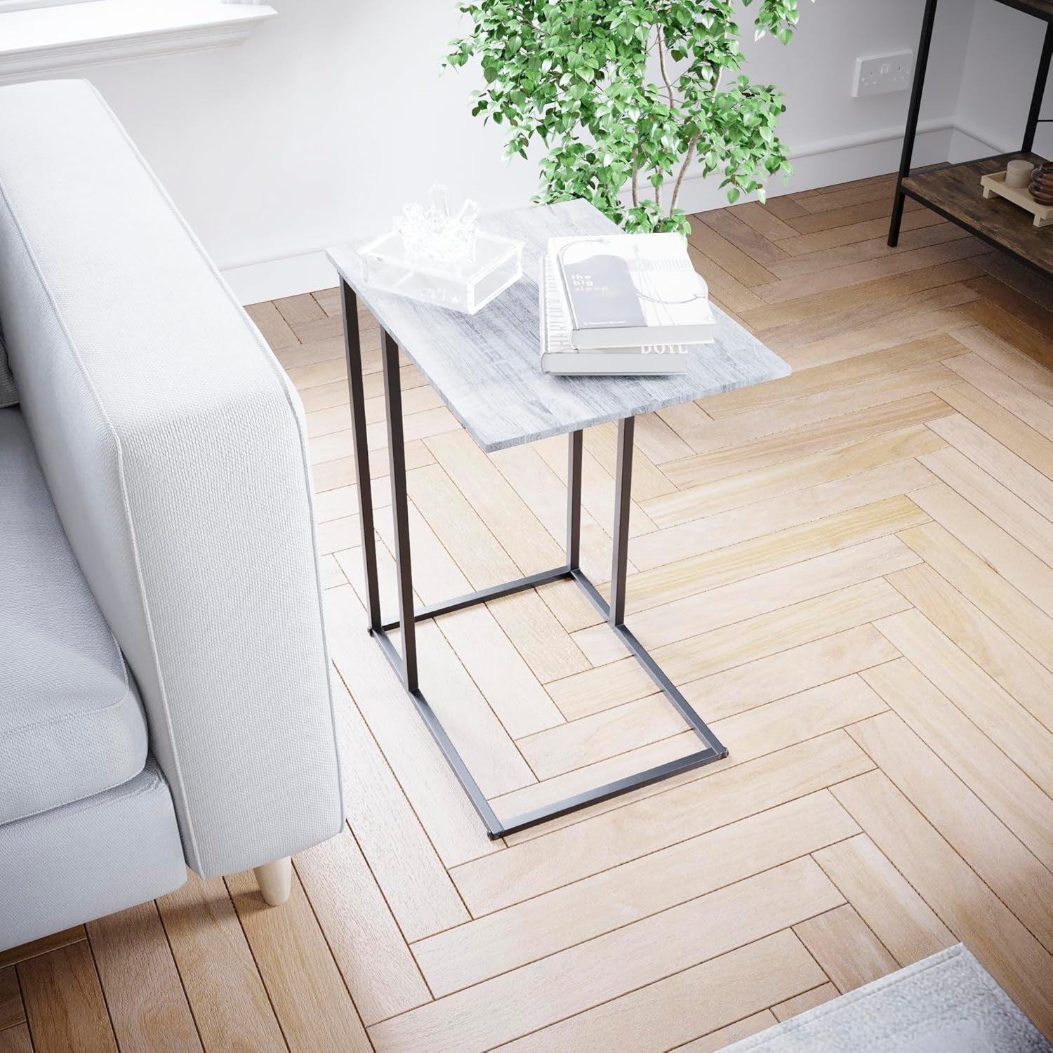 Industrial C Shape Side Table with Metal Frame Grey – 35×48×60cm - Kwikley