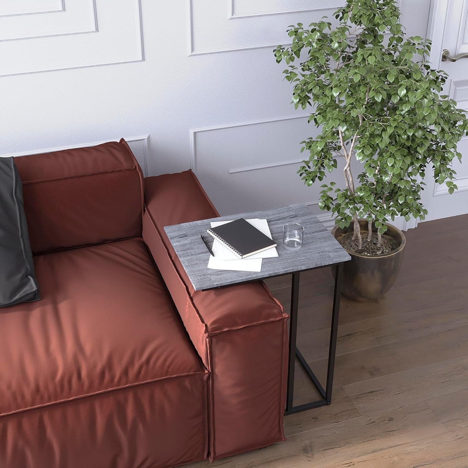 Industrial C Shape Side Table with Metal Frame Grey – 35×48×60cm - Kwikley