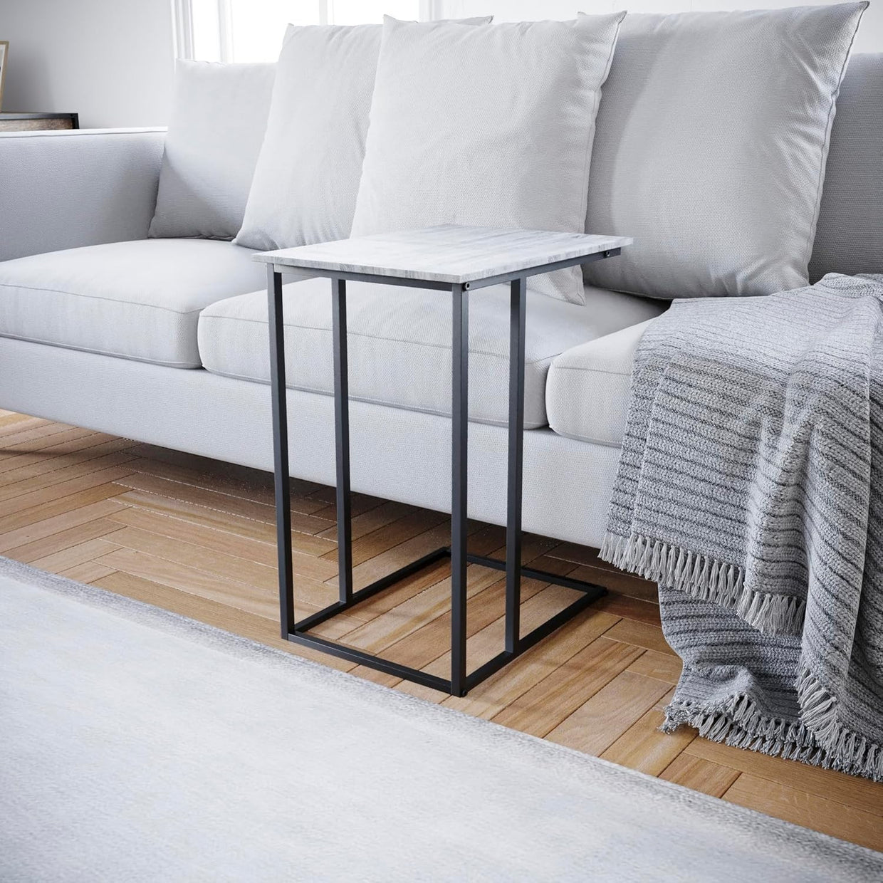 Industrial C Shape Side Table with Metal Frame Grey – 35×48×60cm - Kwikley