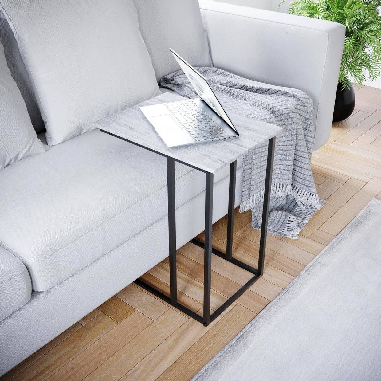Industrial C Shape Side Table with Metal Frame Grey – 35×48×60cm - Kwikley