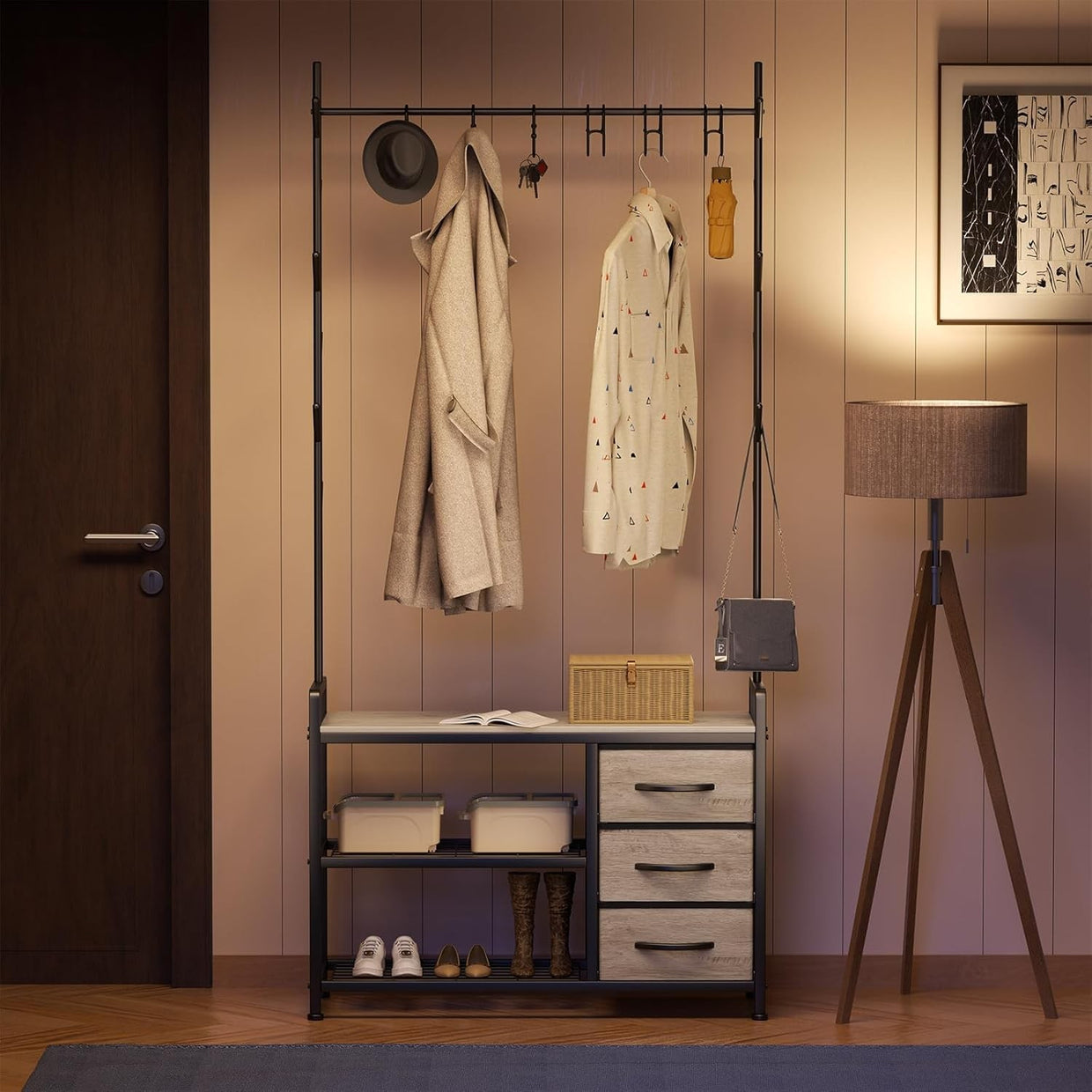 Industrial Coat Rack with Drawers & Shelves | Hall Tree Stand with 6 Hooks - Kwikley