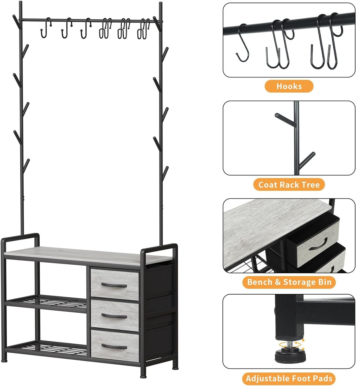 Industrial Coat Rack with Drawers & Shelves | Hall Tree Stand with 6 Hooks - Kwikley
