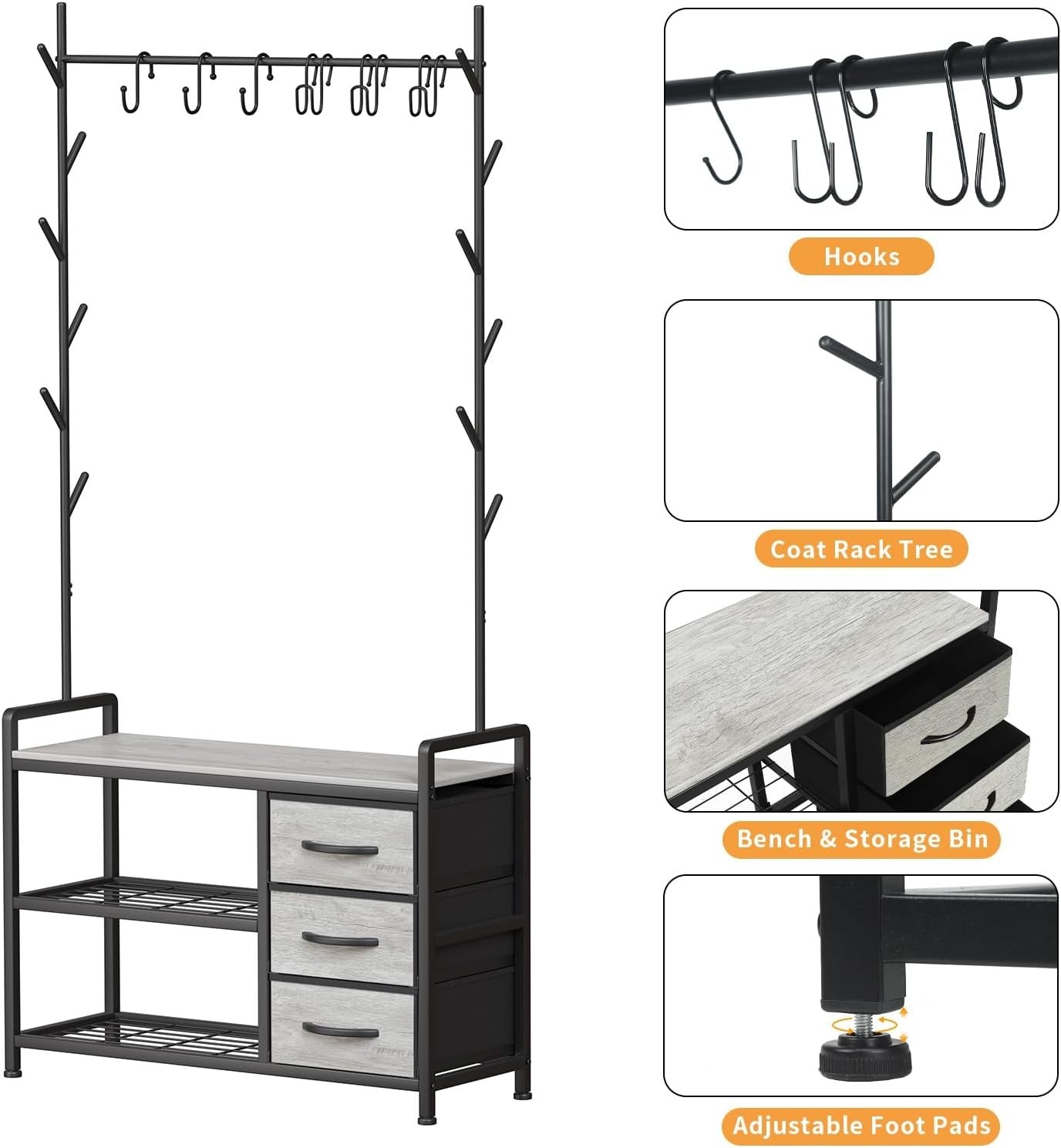 Industrial Coat Rack with Drawers & Shelves | Hall Tree Stand with 6 Hooks - Kwikley