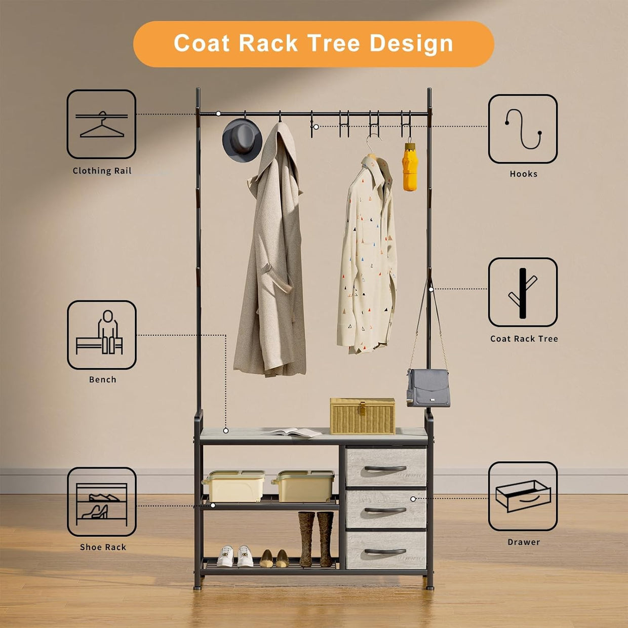 Industrial Coat Rack with Drawers & Shelves | Hall Tree Stand with 6 Hooks - Kwikley