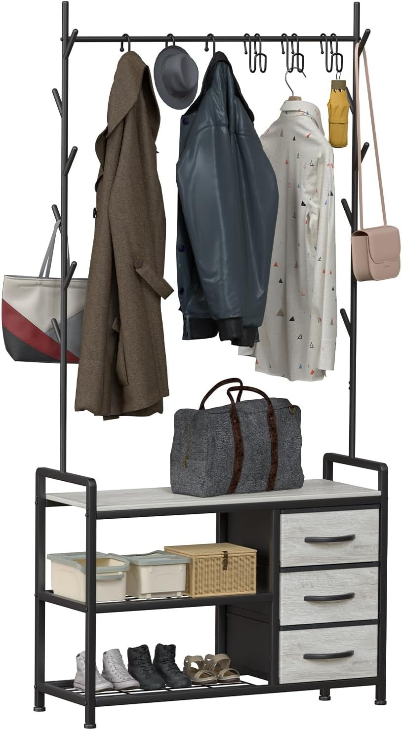Industrial Coat Rack with Drawers & Shelves | Hall Tree Stand with 6 Hooks - Kwikley