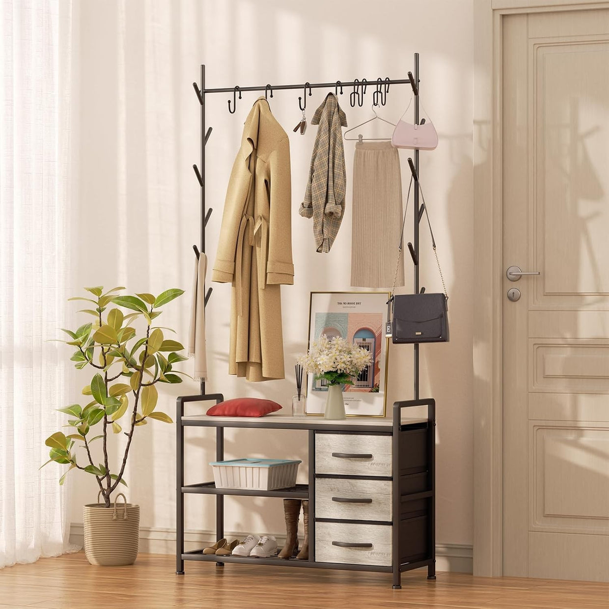 Industrial Coat Rack with Drawers & Shelves | Hall Tree Stand with 6 Hooks - Kwikley
