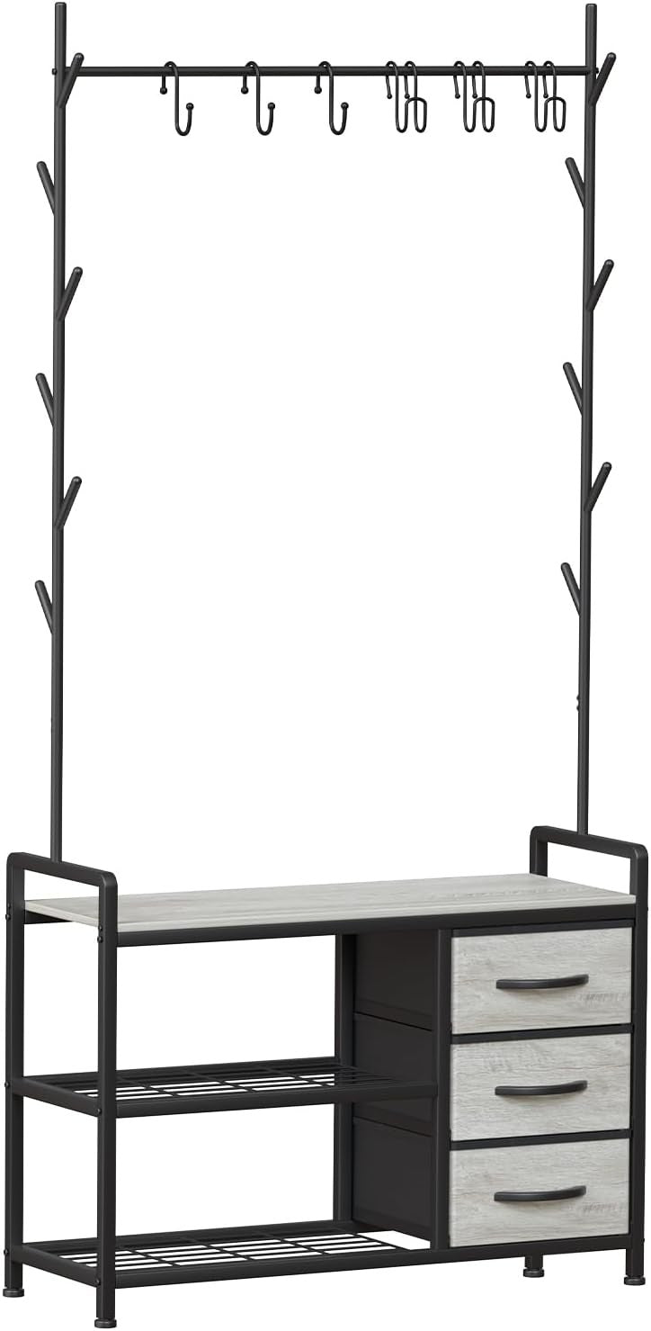 Industrial Coat Rack with Drawers & Shelves | Hall Tree Stand with 6 Hooks - Kwikley