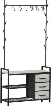 Industrial Coat Rack with Drawers & Shelves | Hall Tree Stand with 6 Hooks - Kwikley