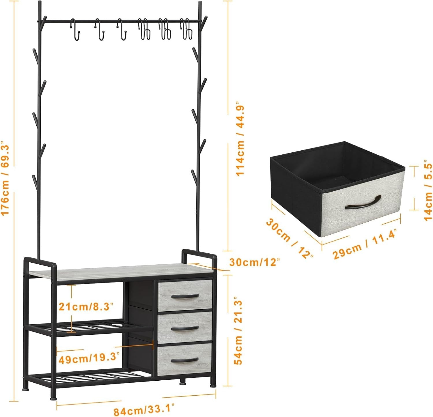Industrial Coat Rack with Drawers & Shelves | Hall Tree Stand with 6 Hooks - Kwikley