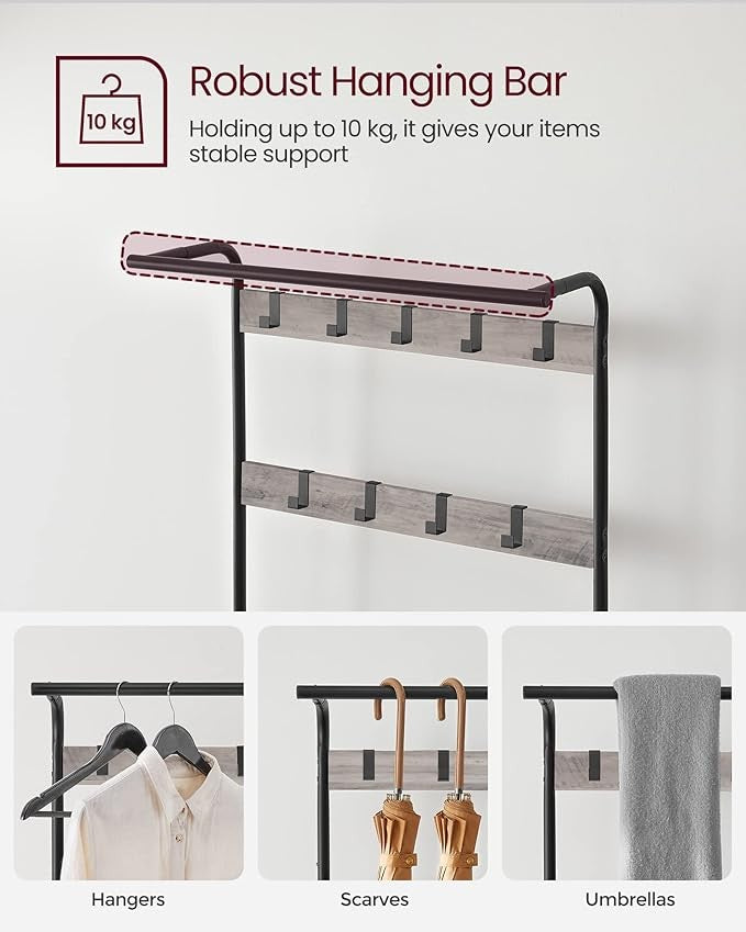 Industrial Coat Rack with Shoe Bench & 9 Hooks | 4 - in - 1 Hallway Storage Organize - Kwikley