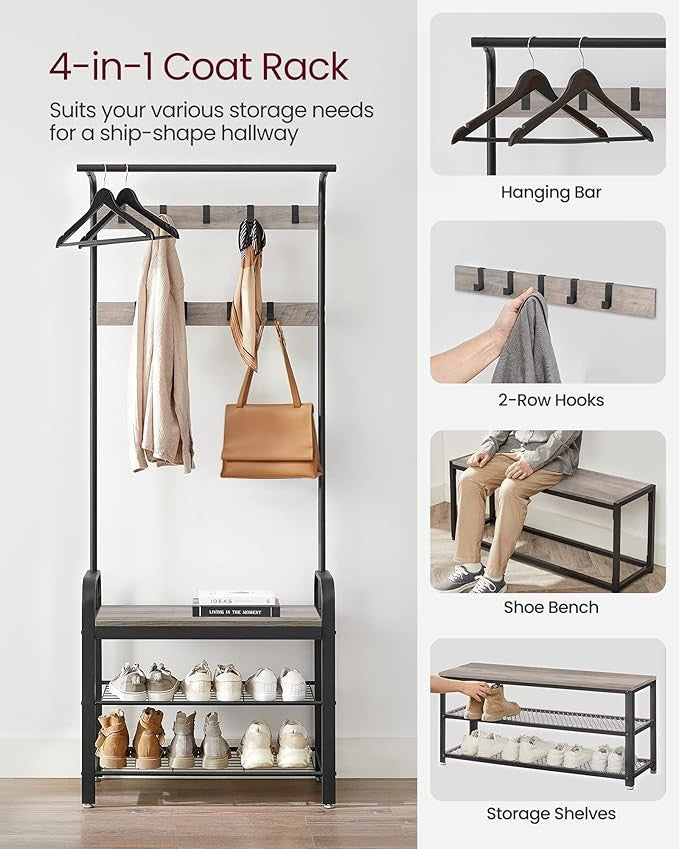 Industrial Coat Rack with Shoe Bench & 9 Hooks | 4 - in - 1 Hallway Storage Organize - Kwikley