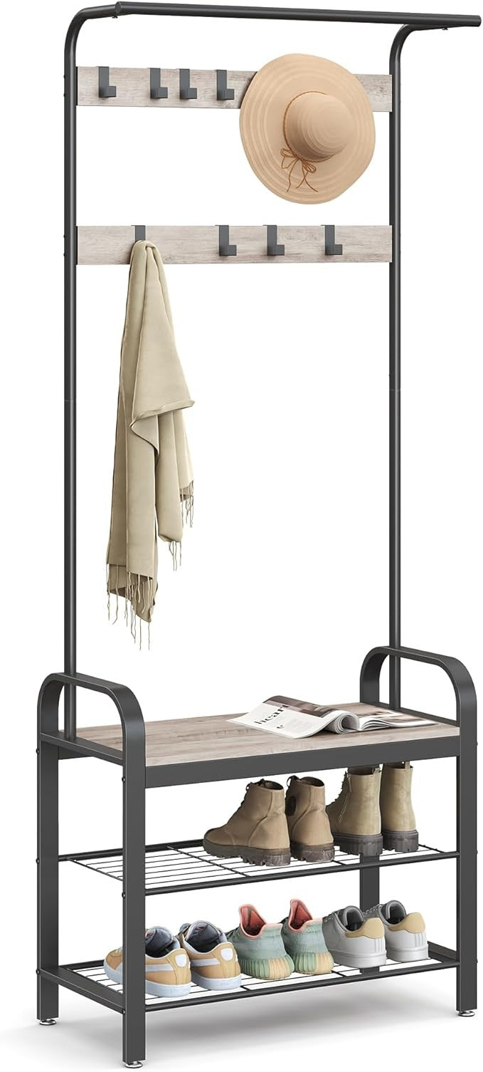 Industrial Coat Rack with Shoe Bench & 9 Hooks | 4 - in - 1 Hallway Storage Organize - Kwikley