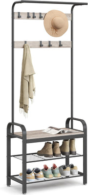 Industrial Coat Rack with Shoe Bench & 9 Hooks | 4 - in - 1 Hallway Storage Organize - Kwikley