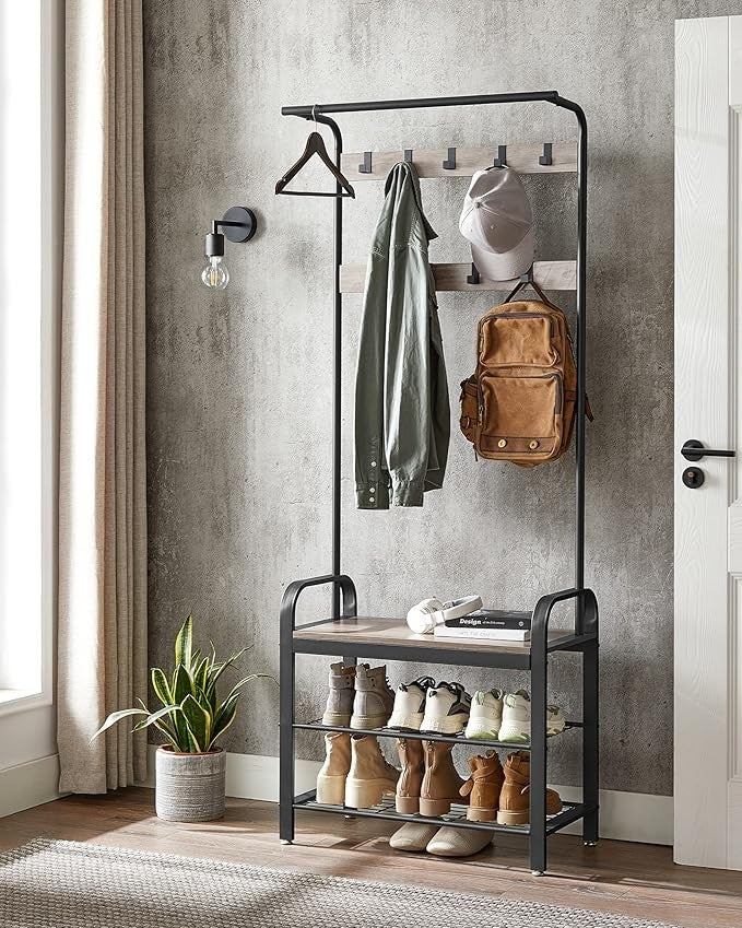 Industrial Coat Rack with Shoe Bench & 9 Hooks | 4 - in - 1 Hallway Storage Organize - Kwikley