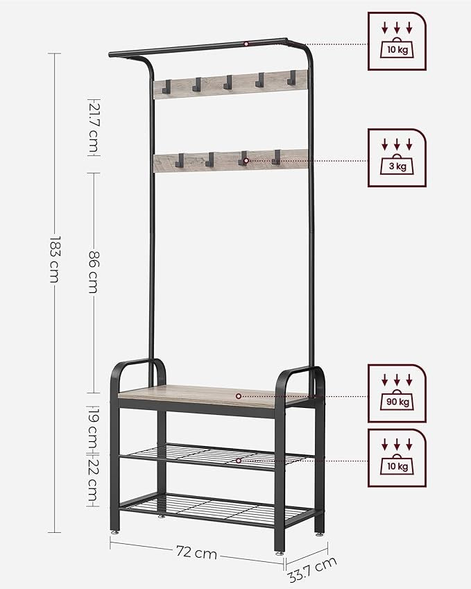 Industrial Coat Rack with Shoe Bench & 9 Hooks | 4 - in - 1 Hallway Storage Organize - Kwikley