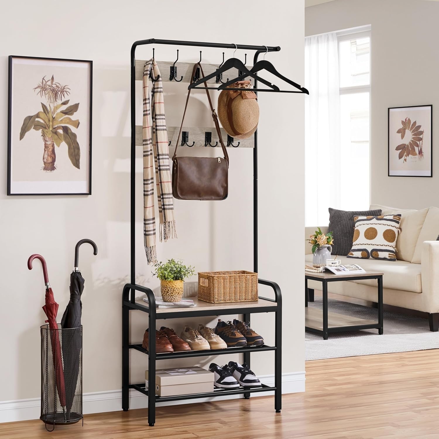 Industrial Coat Rack with Shoe Bench & 9 Hooks | Hallway Entryway Storage - Kwikley